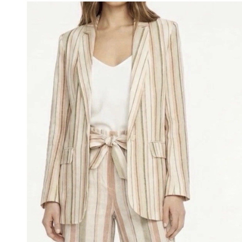 Rachel Zoe Linen Blend Blazer Neutral Striped Size L/12 Interview Outfit Office